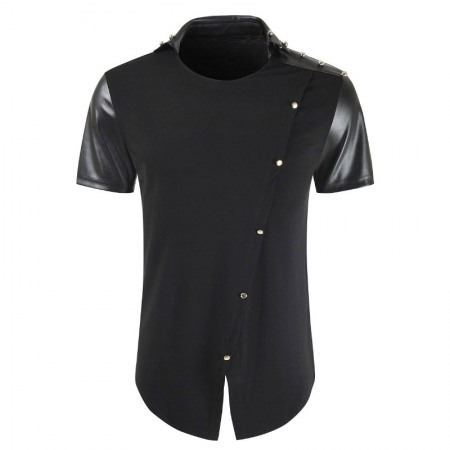 Fashion Personality Casual Simple Men's Plus Size Fight Leather T-Shirt Long-Sleeved Mid-Length