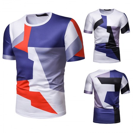 New Summer Men's Color Matching Print Short-Sleeved T-Shirt