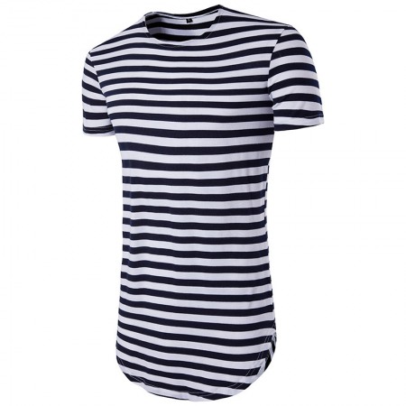 Hip Hop High Street Summer Men's Round Hem High Street Striped Long Short Sleeve T-Shirt